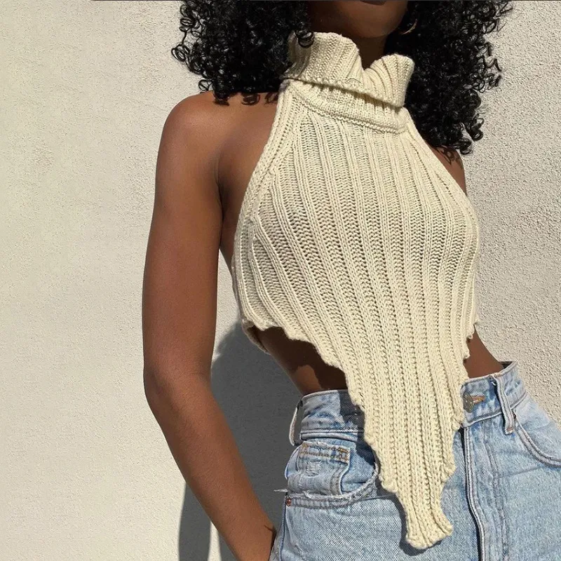 Women's Solid Color Turtleneck Irregular Slim Fit Knit Tank Top - Tan