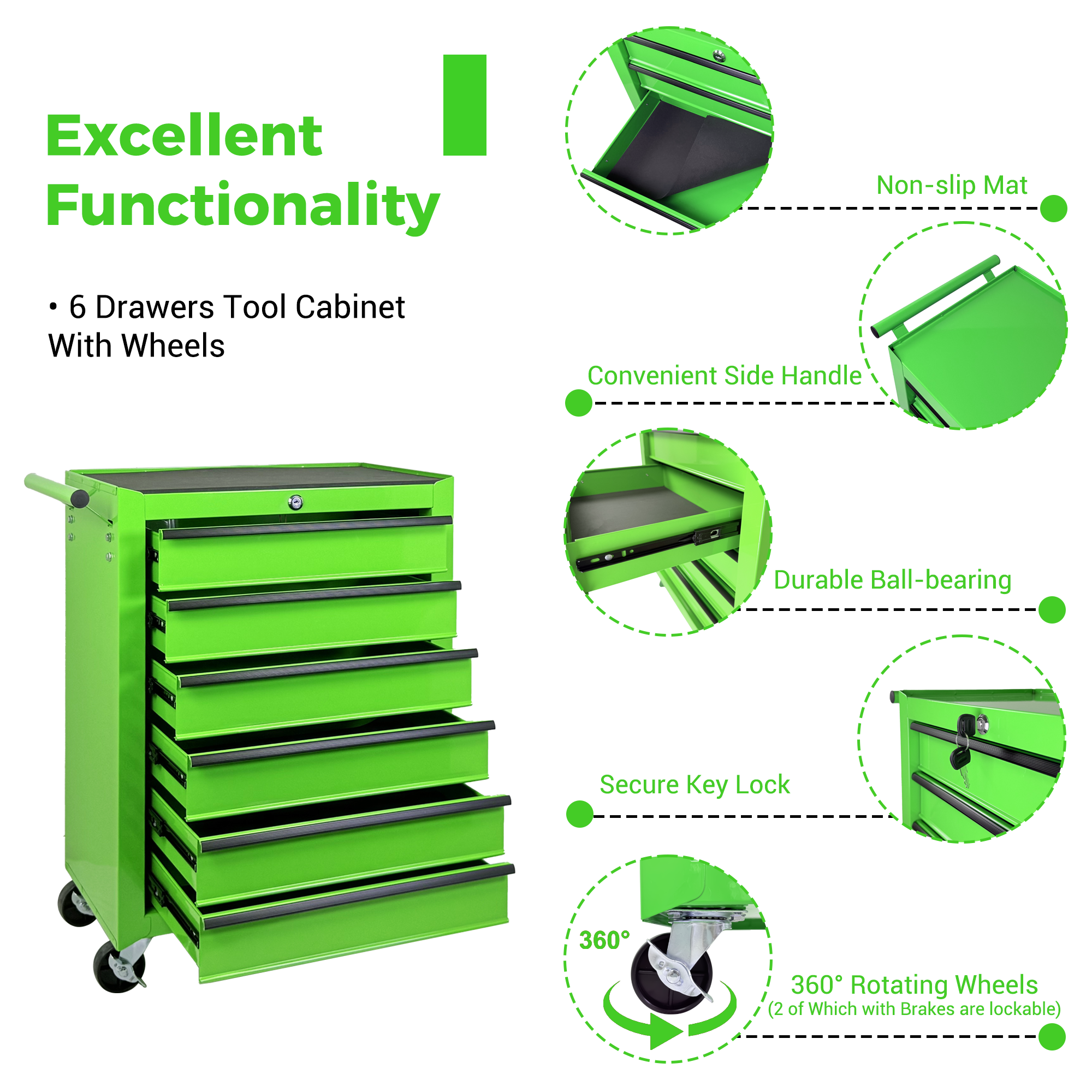 Rolling Metal Tool Chest With 6 Drawers, 20inch 6-Drawer Tool Chest Cabinet With Ball Bearing Drawer Slides, Steel Tool Storage Box Organizer -GREEN thumbnail 7