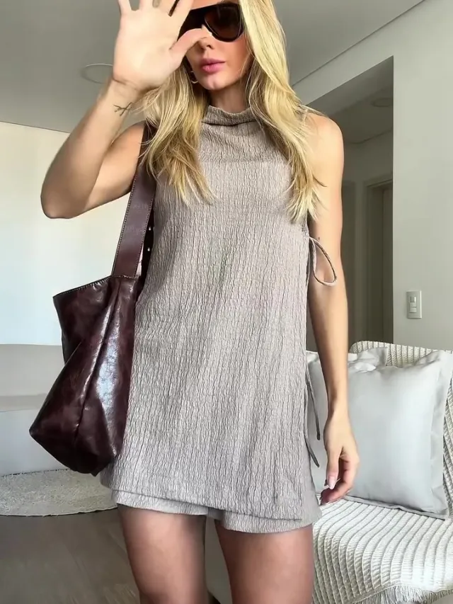 High necked Slit Sleeveless Top And High waisted Shorts Three piece Set Grey - Shop at LoveMi
