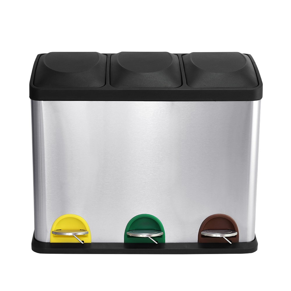 Rubbish Bin, Recycling For Kitchen, Stainless Triple Compartment Food Waste