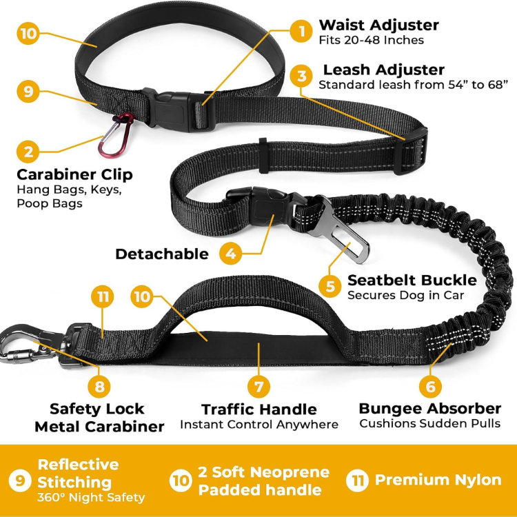 4 In 1 Hands Free Dog Leash With Car Seatbelt Buckle, Shock Absorbing Bungee Dog Waist Leash Belt For Running Walking Hiking, Dual Handles & Reflective, Adjustable For Small Medium Large Dogs