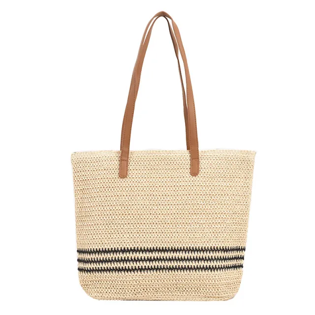 Striped Large Capacity Casual Handbag Summer Straw Bags Khaki - Shop at LoveMi