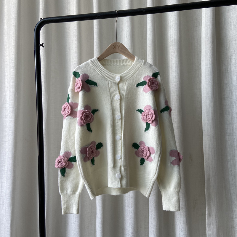 Women's Rose Flower Embroidery Hong Kong Style Sweater Women Jacket