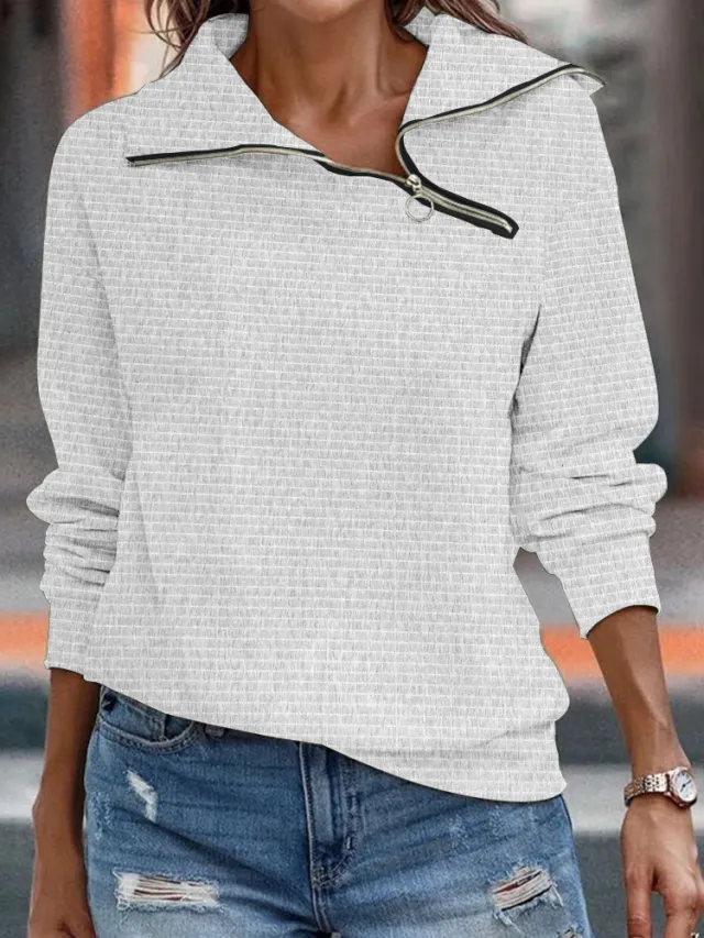 Women's Retro Casual Slant Collar Zipper Solid Color Sweatshirt White - Shop at LoveMi