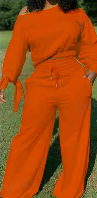 Women's Solid Color Asymmetric Collar Long Sleeve Top And Pants Two Piece Set Orange - Shop at LoveMi