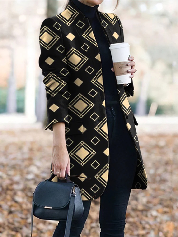 Women's Fashion Print Standing Collar Sweater Jacket