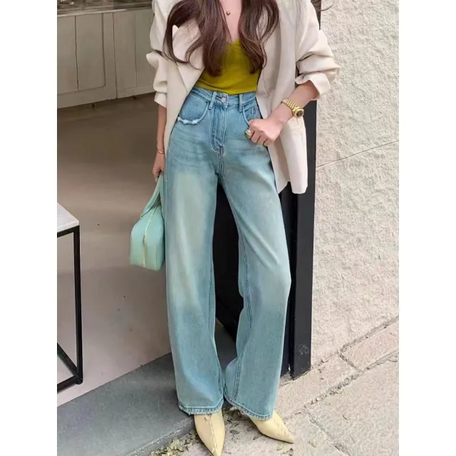 Ripped Narrow Version Wide leg Loose Drape Mopping Pants High Waist Women's Straight Denim Trousers Blue - Shop at LoveMi