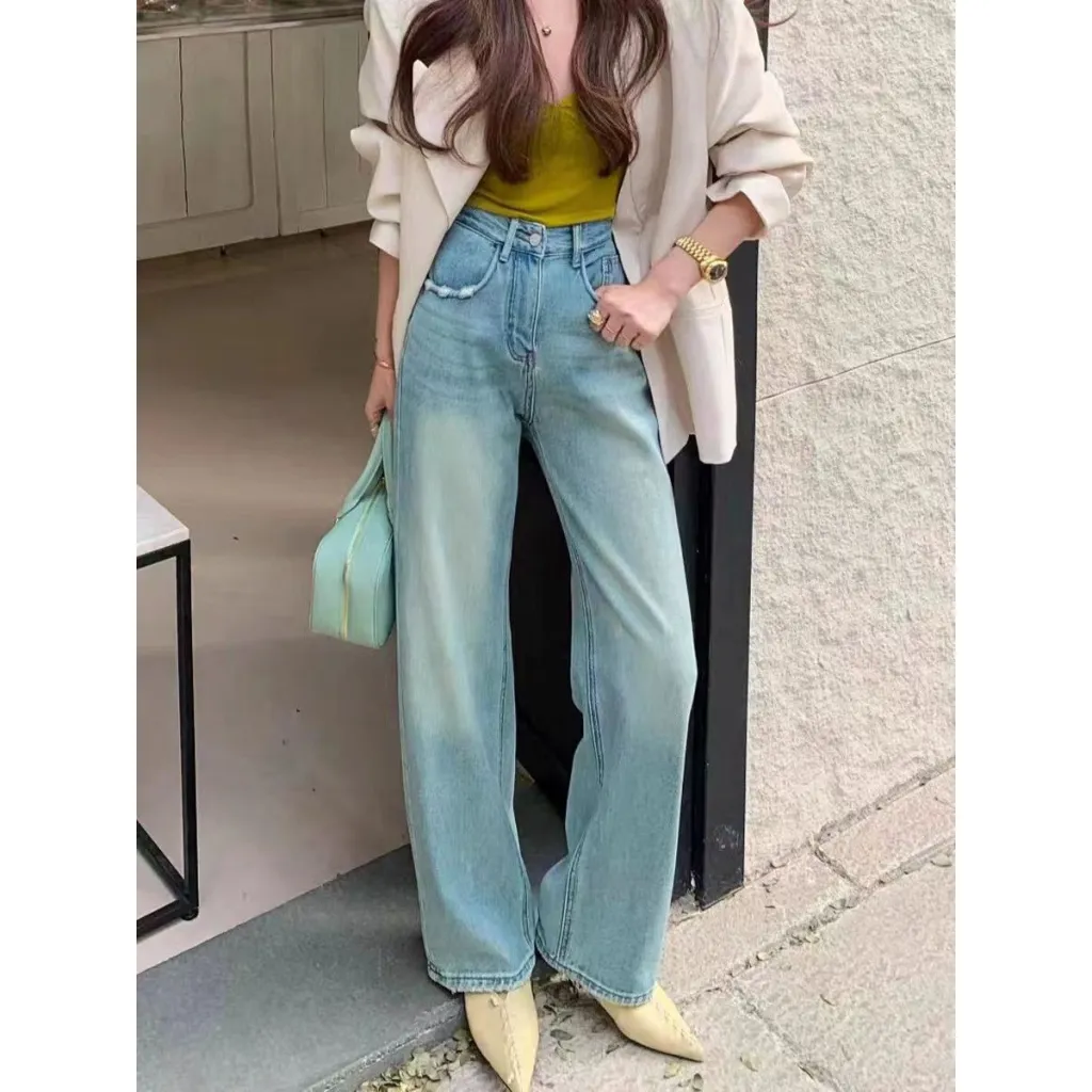 Ripped Narrow Version Wide-leg Loose Drape Mopping Pants High Waist Women's Straight Denim Trousers - Blue