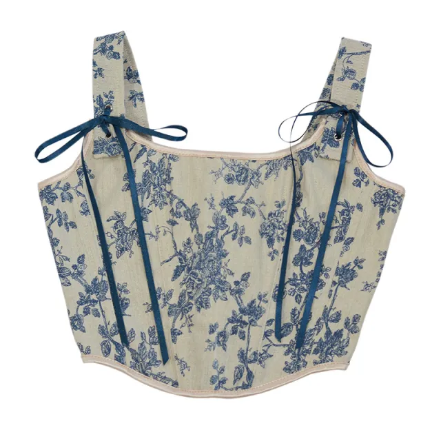 French Orchid Print Strap Fishbone Corset Cropped Tank Top Big Orchid - Shop at LoveMi