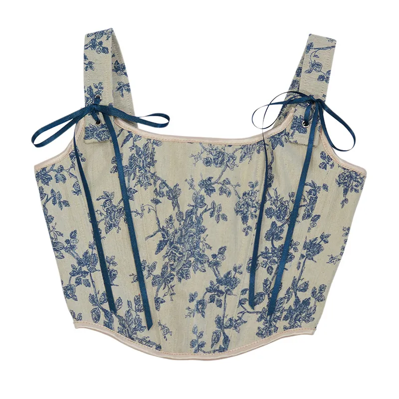 French Orchid Print Strap Fishbone Corset Cropped Tank Top - Big Orchid