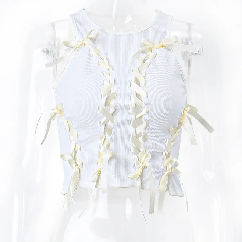 Niche French Short Style Vest Hollowed Out Top - White