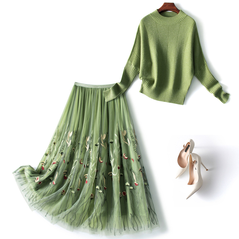 Title 5, Green Sweater Skirt Two-piece Knitted Set for W...