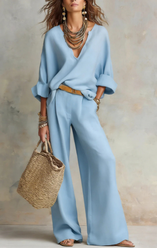 Relaxed Linen-Style V-Neck Batwing Sleeve Wide-Leg Pants Two-Piece Set