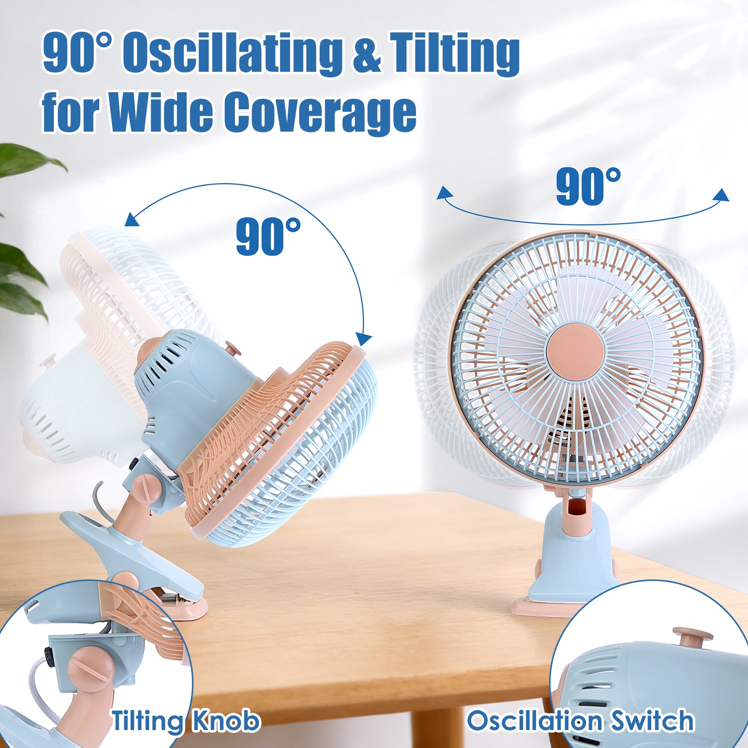 8.66In Oscillating Clip On Fan 2 Speeds Quiet Clamp Fan With 90 Degree Oscillating & Tilting Angle Desktop Wall Mount For Home Office Dorms Strollers