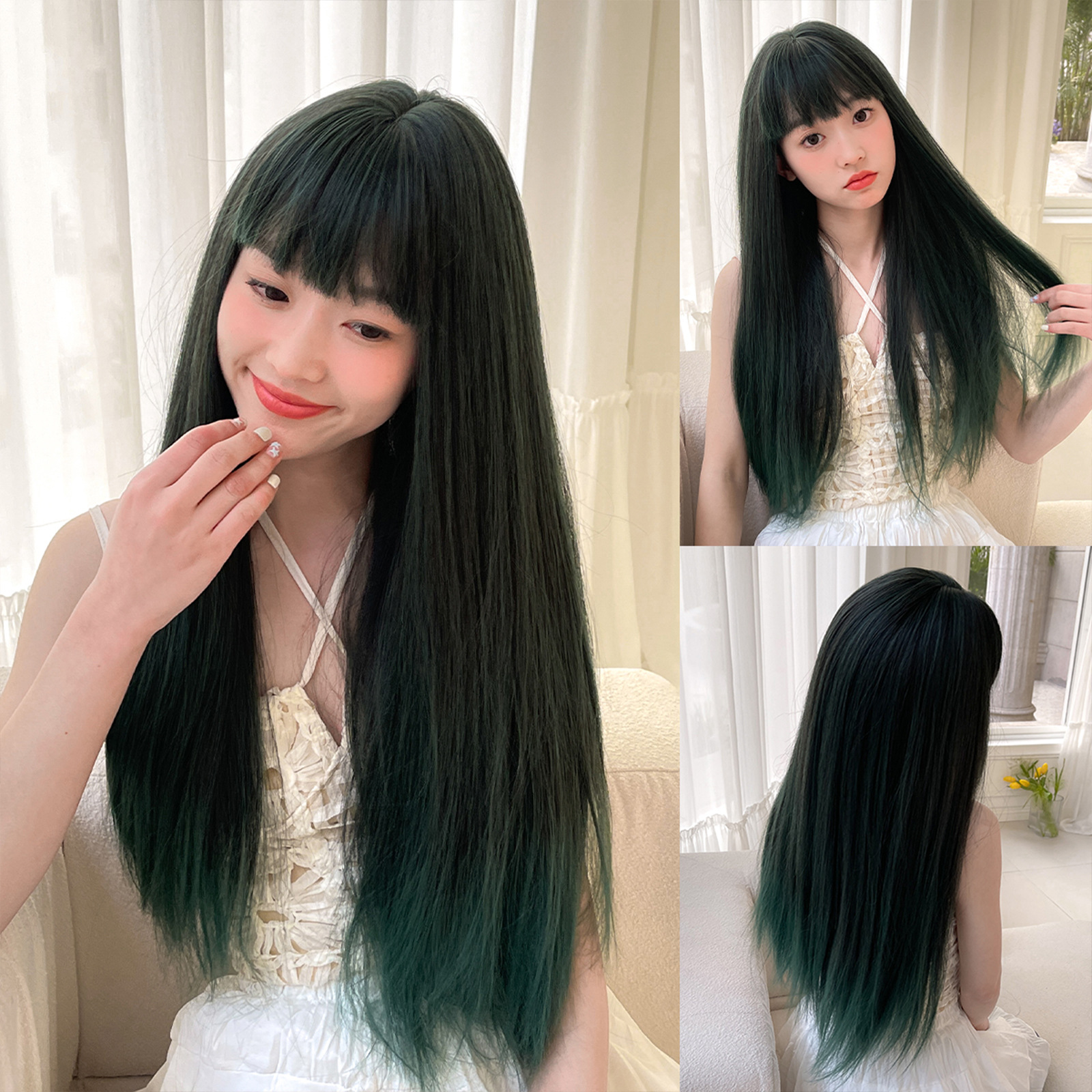 Title 7, Red bangs long straight hair wig for festivals,...