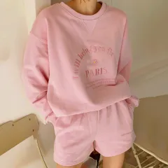 Round Neck Embroidered Letter Sweater Casual Shorts Suit Women - Pink Shorts - View 1