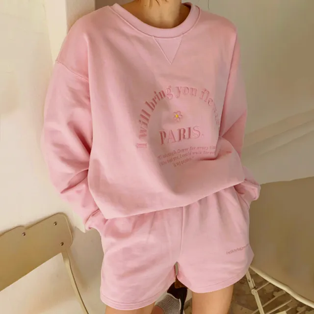 Round Neck Embroidered Letter Sweater Casual Shorts Suit Women Pink Shorts - Shop at LoveMi