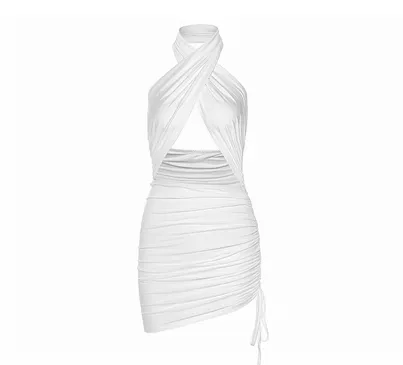 Solid Color Hanging Neck Sexy Backless Dresses White - Shop at LoveMi