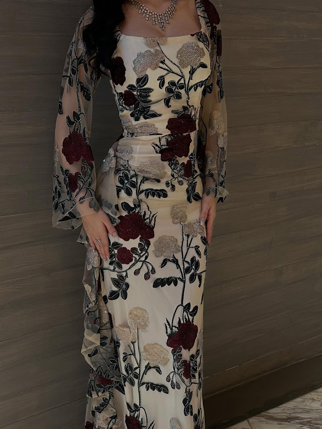 Mesh Floral Embroidered Long-sleeved Dress