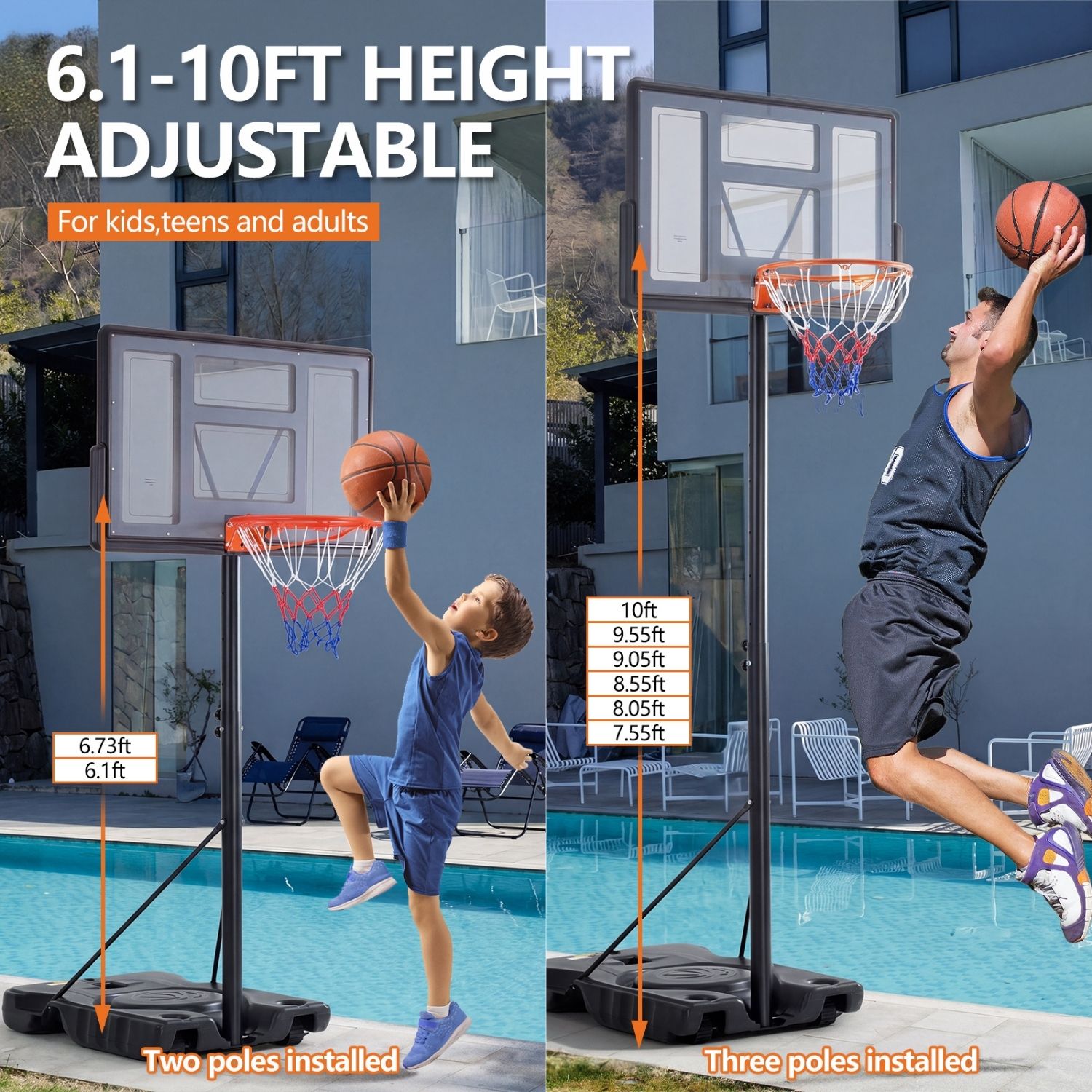 Adjustable Portable Basketball Hoop For Kids Youth Adults, Indoor Outdoor Training Practice With Sturdy Stand