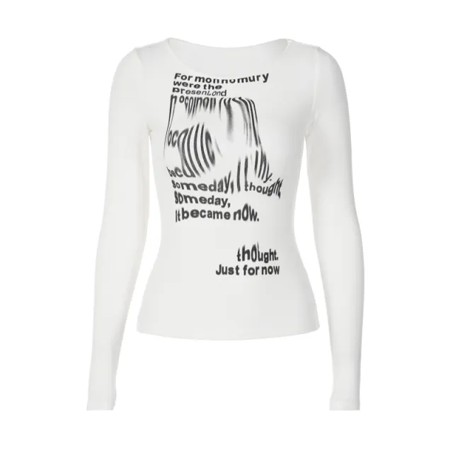 Spring Summer Slim Fit Slim Print Long Sleeve Top White - Shop at LoveMi