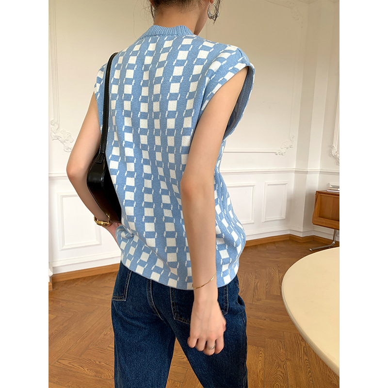 Knitted Blue And White Plaid Vest Top