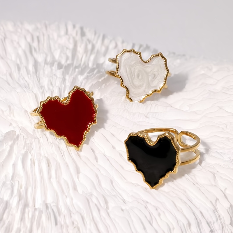 French Retro Heart Ring, Red Black White Enamel Heart Band, Minimalist Luxury Personalized Ring, Stainless Steel Heart Gold Frame Open Adjustable Ring
