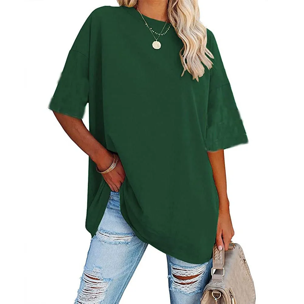 Loose Drop Shoulder Sleeves Round Neck Short Sleeve Top - Green