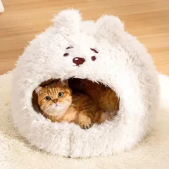Semi Closed Pet Cat Nest Dog Sleeping Nest Warm Winter Yurt Plush Animal Models Cute Pet Velvet Nest - Bear - View 1