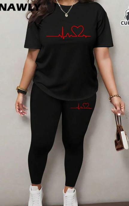 Women's Printed Round Neck T-Shirt And Leggings Set