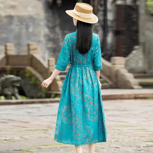Ramie Floral Dress Women''s Simple And Elegant Custom Blue - Shop at LoveMi