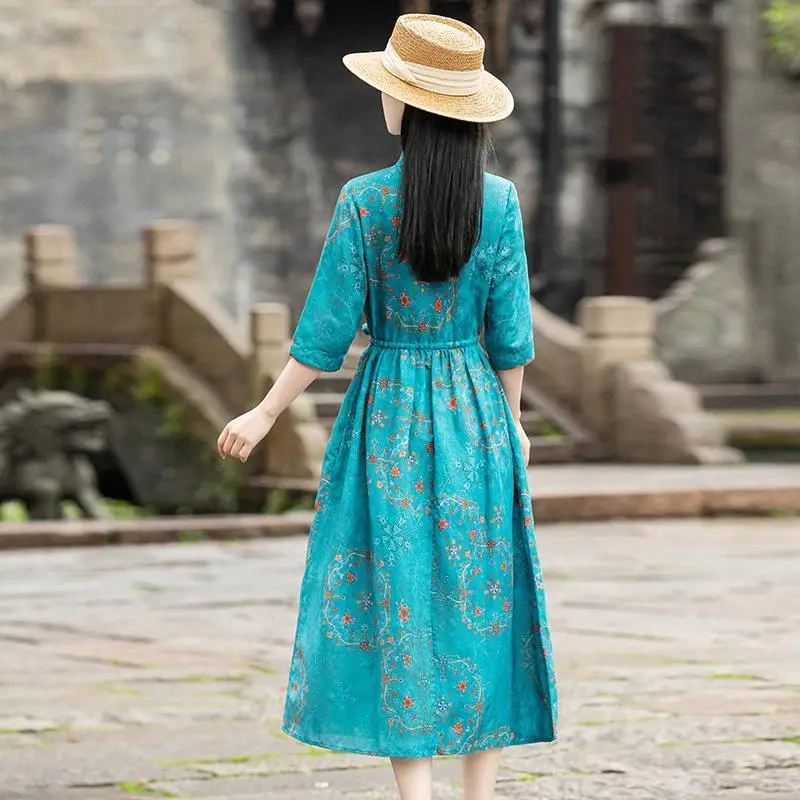 Ramie Floral Dress Women''s Simple And Elegant Custom - Blue