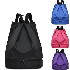 Waterproof Backpack With Separate Drawstring Pockets - Black - View 1