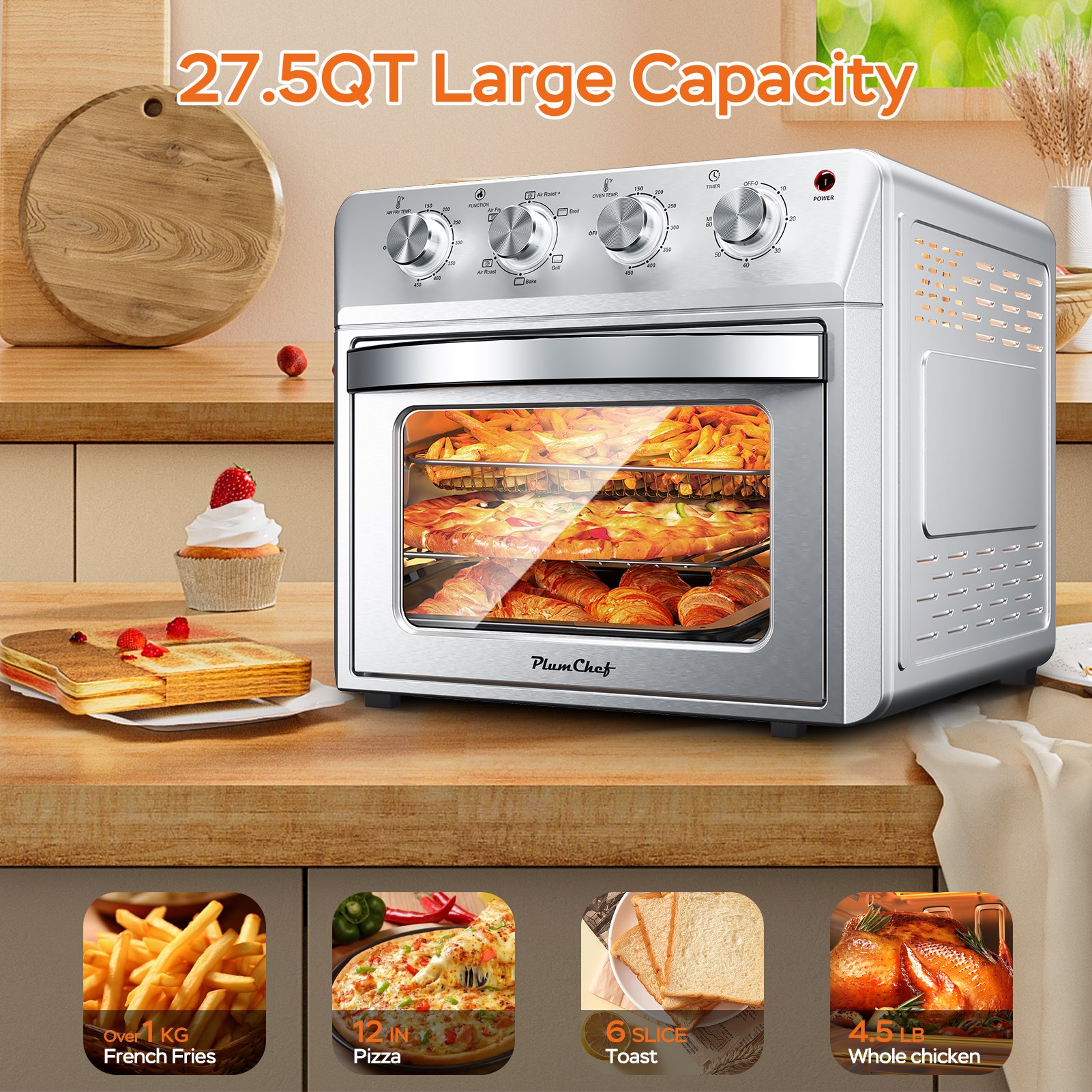27.5QT 6-in-1 Air Fryer Toaster Oven, 6-Slice, Countertop Convection Oven, Air Frying, Baking, Roasting, Broiling & Grilling, 1600W, Sliver, Amazon Resale Prohibited — foto 9