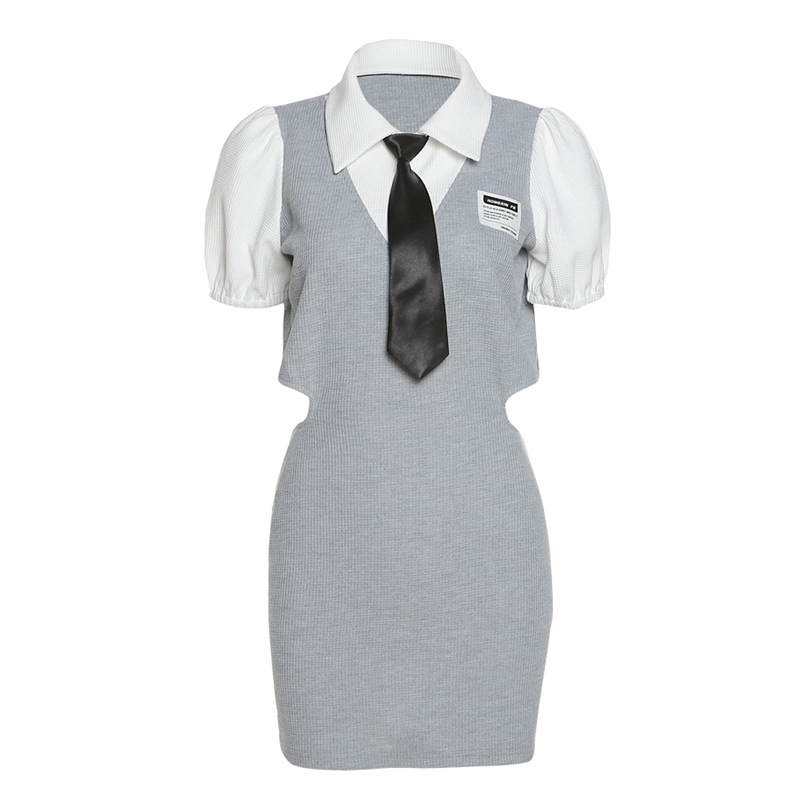 Slim High Waist Fashion Cutout Lapel Short Sleeve Dress