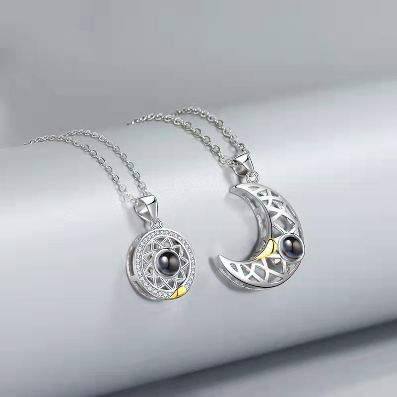 Sun Moon Projection Necklace Languages I Love You Couple Necklace Microcarving Text Photos