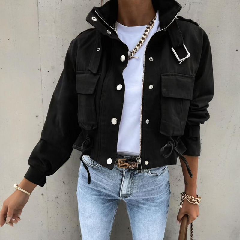 Women's Stand Collar Long Sleeve Jacket With Button & Zipper Closure Two Large Pockets & Drawstring Hem Casual Short Jacket For Spring&Fall Black - Shop at LoveMi
