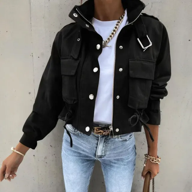 Women's Stand Collar Long Sleeve Jacket With Button & Zipper Closure Two Large Pockets & Drawstring Hem Casual Short Jacket For Spring&Fall Black - Shop at LoveMi