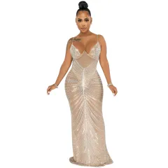 Sparkly Black Mesh Evening Sheer Rhinestone Maxi Dress Spaghetti Straps Crystal Glam - Apricot - View 1