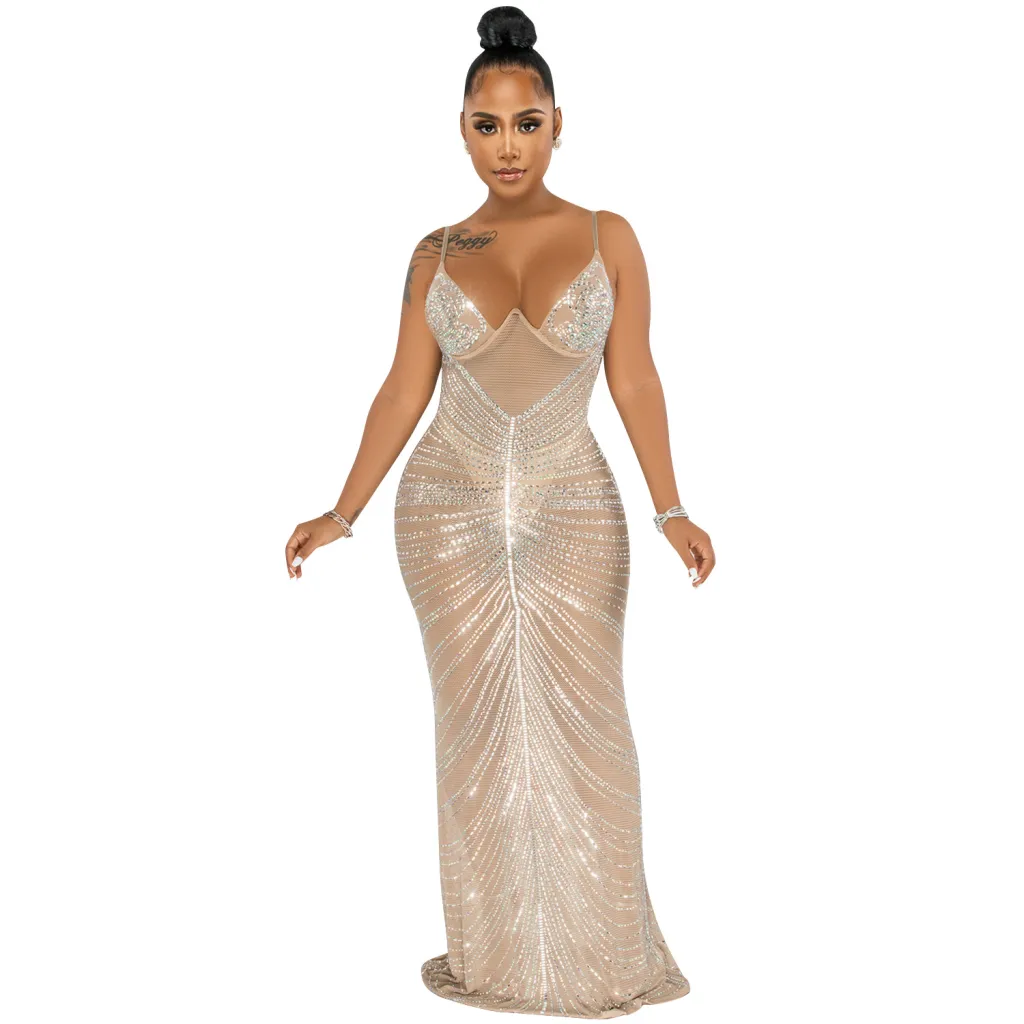 Sparkly Black Mesh Evening Sheer Rhinestone Maxi Dress Spaghetti Straps Crystal Glam - Apricot