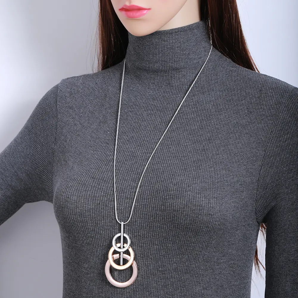 European And American Simple Snake Bone Three-ring Buckle Long Necklace Female Personalized Round Ring Hollow Socialite Sweater Chain