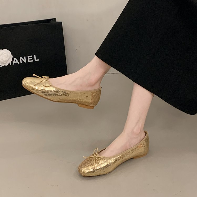 Shiny Gold Sequin Ballerina Flats, Casual Comfortable Flat Shoes For Women
