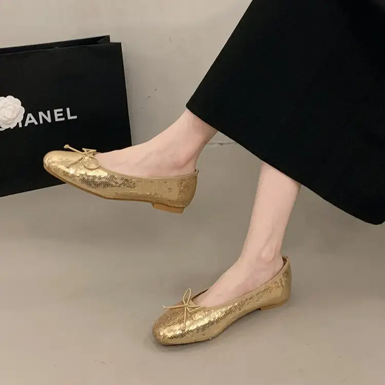 Shiny Gold Sequin Ballerina Flats, Casual Comfortable Flat Shoes For Women
