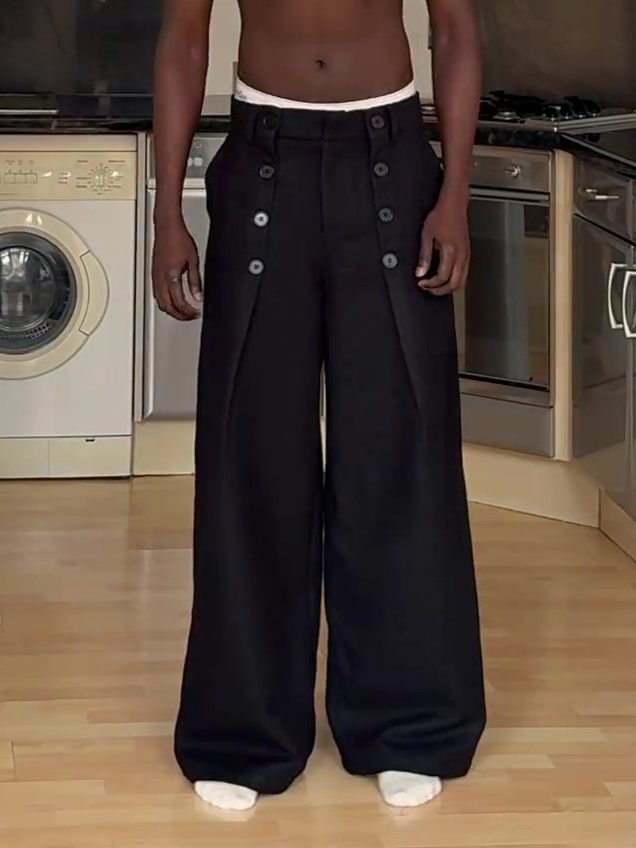 Black High-waisted Double-button Wide-Leg Pants