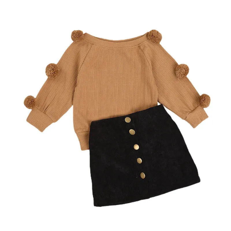 Long Sleeve Fur Ball Top And Skirt Suit - Chocolate-100