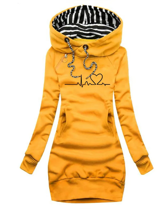 Heart Print Long Clothes Women Hoodie Sweatshirt Pullover Tops - Yellow