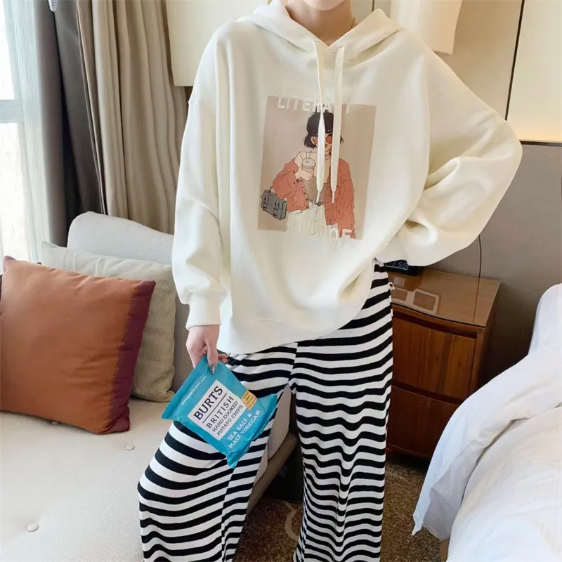 Loose Casual Thick Embroidered Cartoon Hooded Sweater Women - White