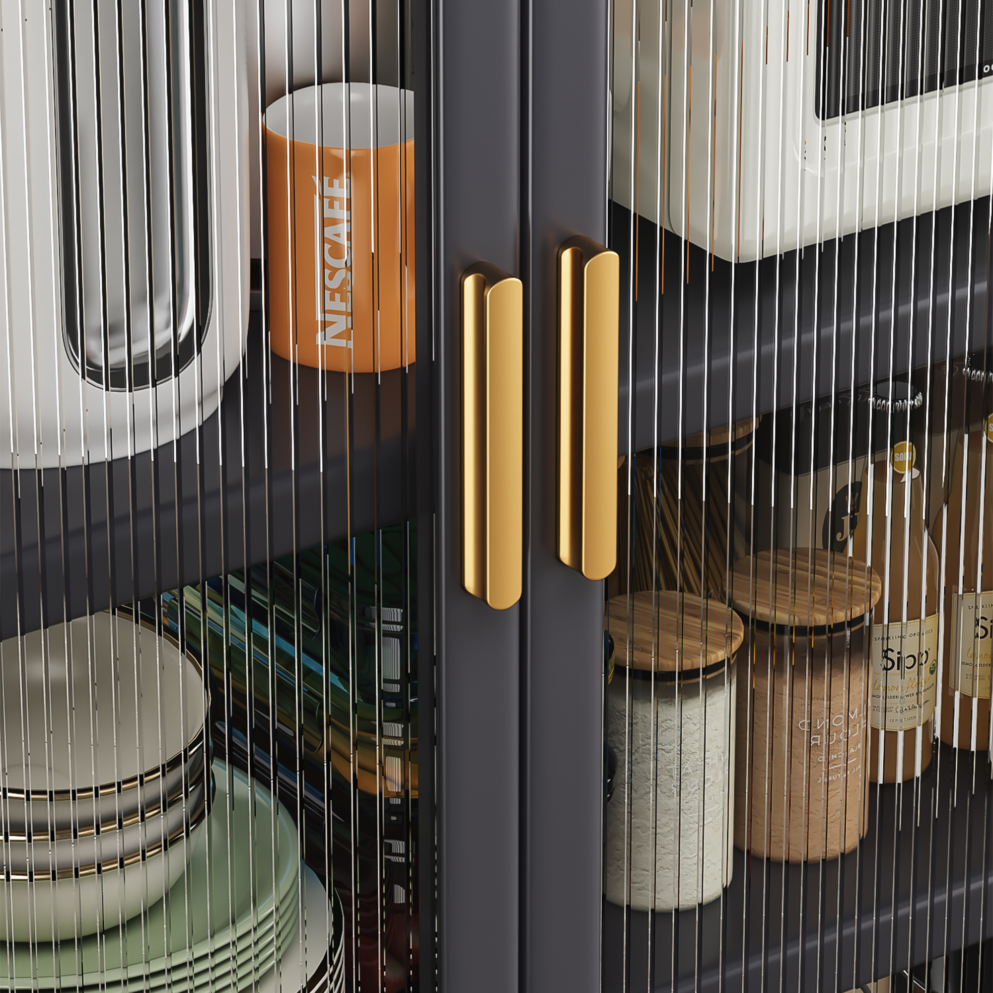 Grey Open Kitchen Storage Cabinet, Floor-to-Ceiling Multilevel Microwave Shelving Unit & Side Cabinet For Bowls, Grey