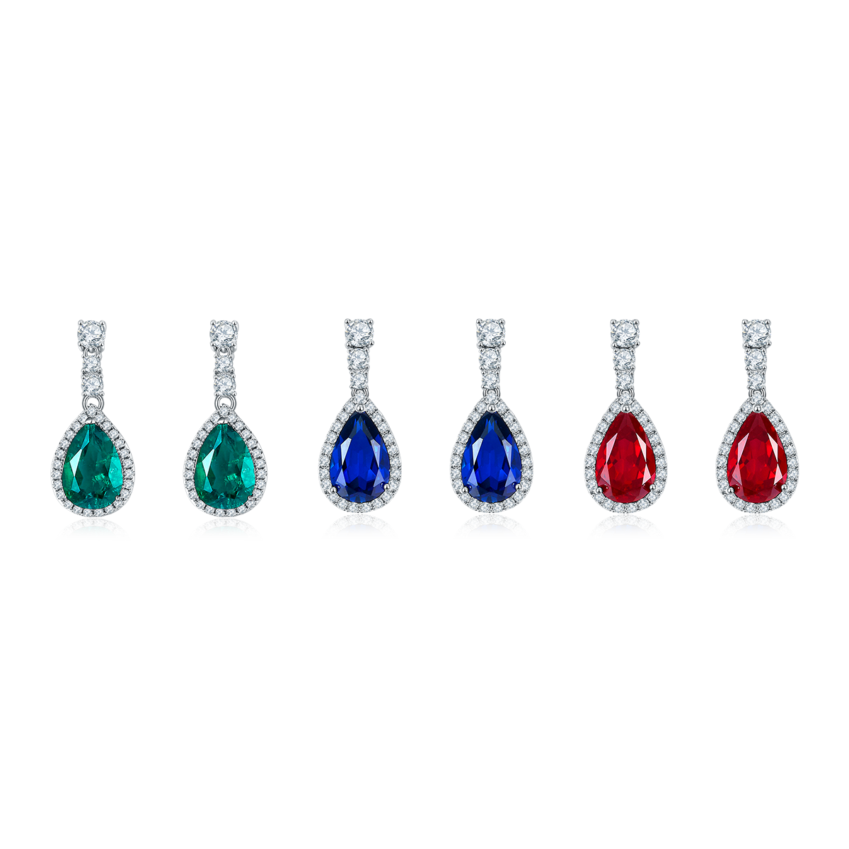 S925 Sterling Silver Teardrop Dangle Earrings, 7x11mm Lab-Grown Ruby Sapphire Emerald With Halo, Platinum Plated 3.2g Women's Jewelry Gift Box