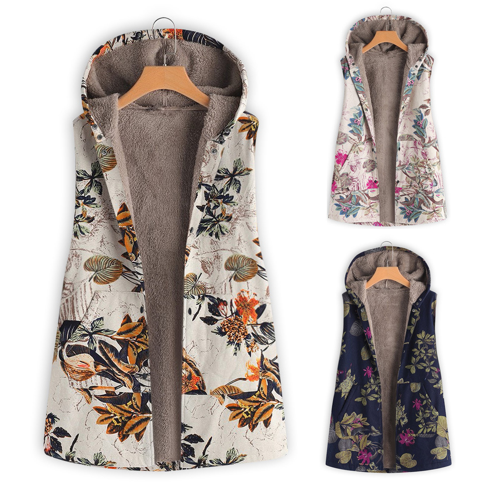 Women's Printed Hooded Sleeveless Top Plush Jacket